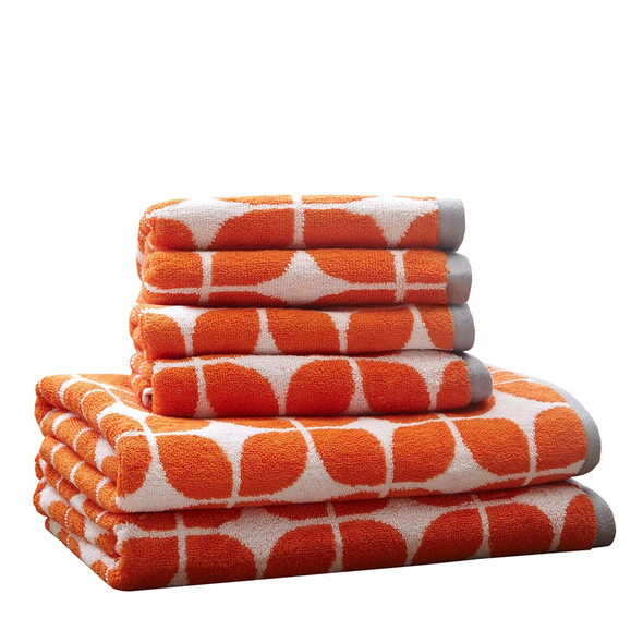 Orange White & Grey Geometric Cotton Jacquard Bath Towel Set (Lita-Orange-Towels)