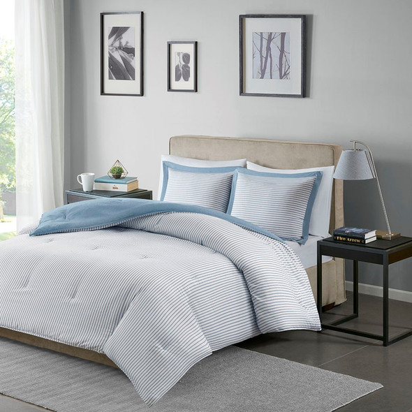 Blue & White Reversible Striped Down Alternative Comforter AND Shams (Hayden-Blue)