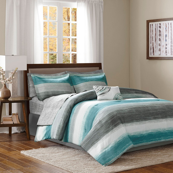 Aqua Grey & White Stripes Comforter Set AND Matching Sheet Set (Saben-Aqua)