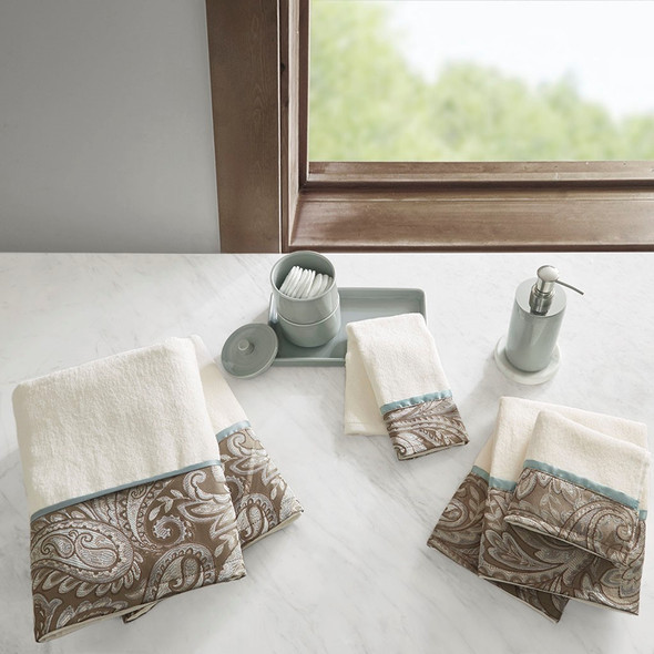 6pc Blue & Taupe Paisley Cotton Jacquard Bath Towel Set (Aubrey-Blue-Towels)