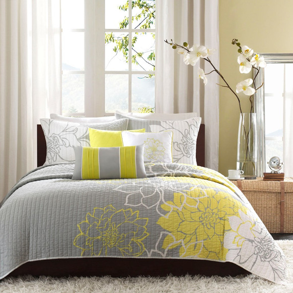 6pc Yellow Grey & White Floral Reversible Coverlet Quilt Set AND Decorative Pillows (Lola-Yellow-cov)
