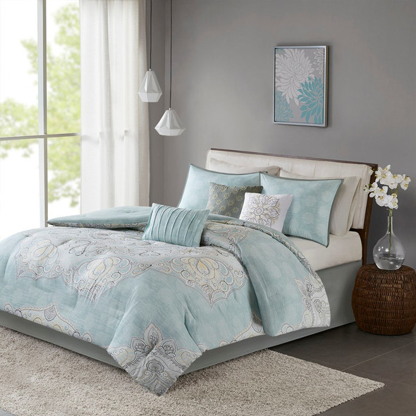 7pc Blue & Gey Medallion Reversible Comforter Set AND Decorative Pillows (Lucinda-Blue)