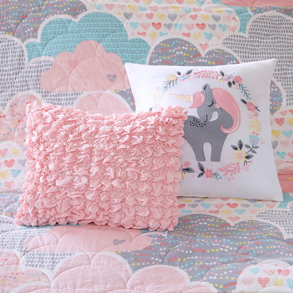 Pink Blue & White Playful Clouds Quilted Coverlet Set AND Decorative Pillows (Cloud 9-Pink-Cov)