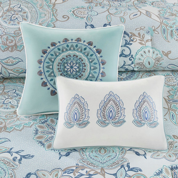 8pc Blue Botanical Floral Cotton Comforter Set AND Decorative Pillows (Isla-Blue)
