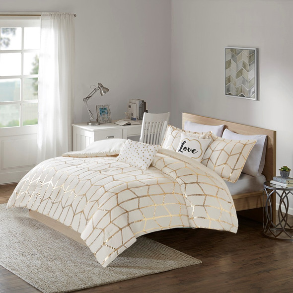 Ivory & Metallic Gold Geometric Comforter Set AND Decorative Pillows (Raina-Ivory/Gold)