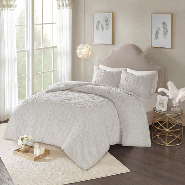 3pc Soft Grey Cotton Chenille Medallion Comforter AND Decorative Shams (Laetitia-Grey)