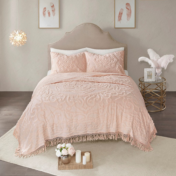 3pc Blush Pink Cotton Chenille Medallion Coverlet AND Decorative Shams (Laetitia-Blush-cov)