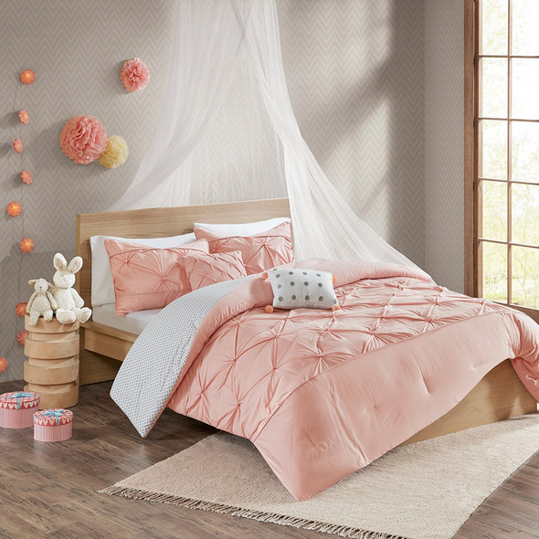 Blush Pink & Grey Polka Dots Comforter Set AND Decorative Pillows (Aurora-Blush)