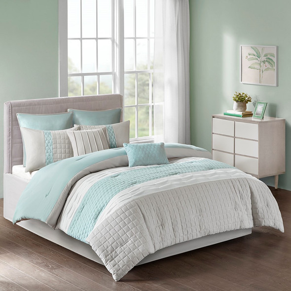 8pc Seafoam Grey & White Textured Comforter Set AND Decorative Pillows (Tinsley-Seafoam/Grey)