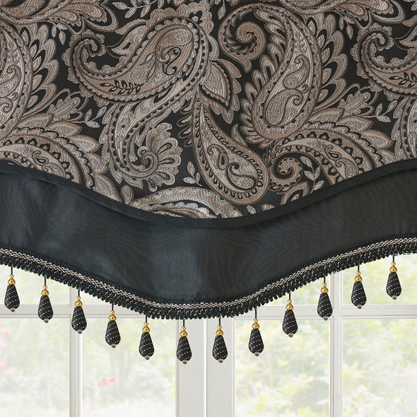 Black Taupe & Gold Paisley Jacquard Window Valance w/Beads (Aubrey-Black-val-beads) Black Taupe & Gold Paisley Jacquard Window Valance w/Beads (Aubrey-Black-val-beads)