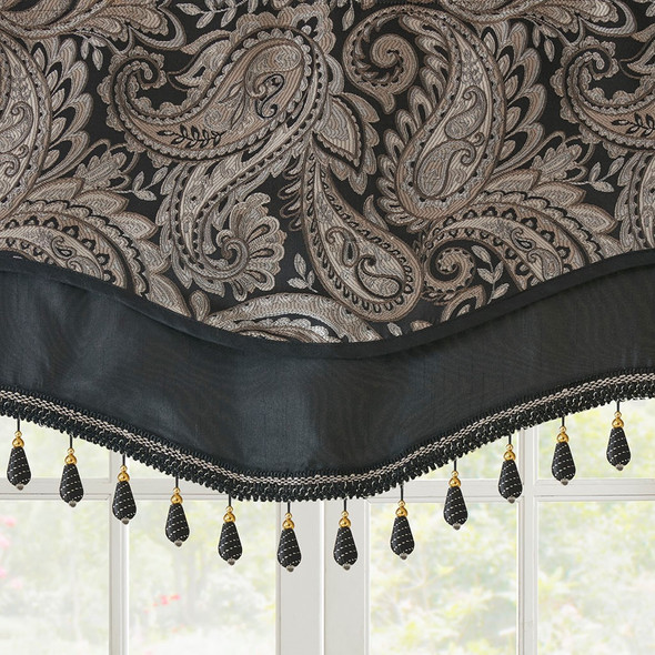 Black Taupe & Gold Paisley Jacquard Window Valance w/Beads (Aubrey-Black-val-beads)