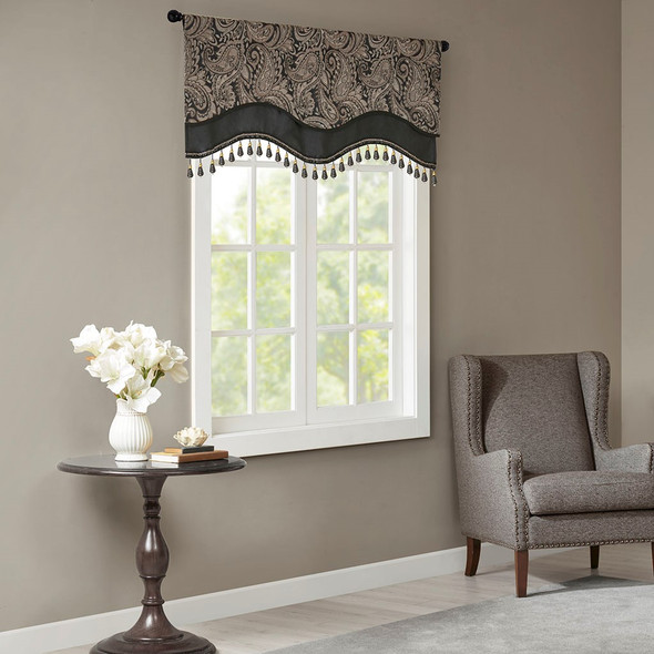 Black Taupe & Gold Paisley Jacquard Window Valance w/Beads (Aubrey-Black-val-beads)