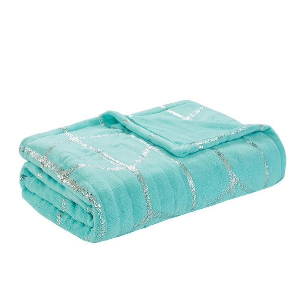 Aqua Blue & Metallic Silver HEATED Geometric Throw Blanket - 50x60" (Raina Heated-Aqua-throw)