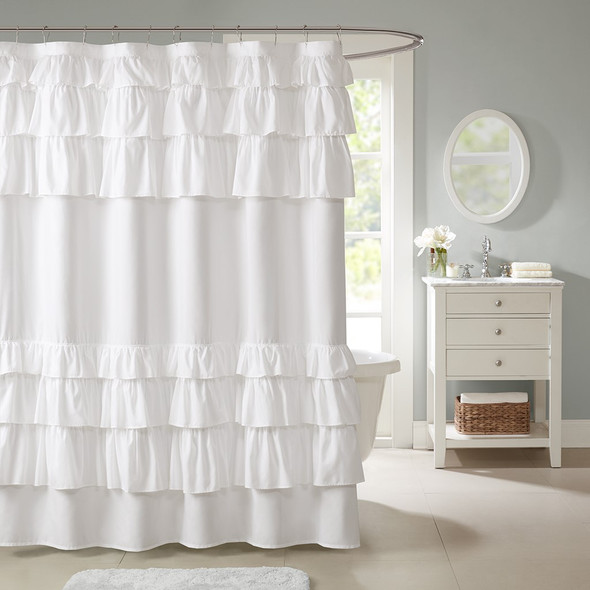 White Oversize Ruffled Microfiber Fabric Shower Curtain - 72" x 72" (Grace -White-Shower)