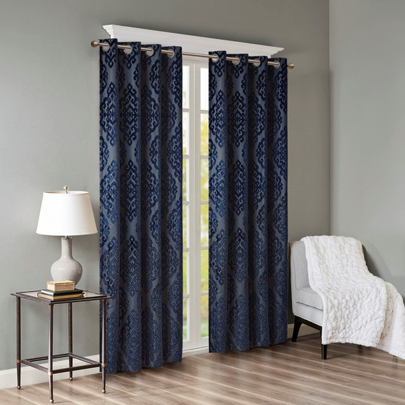 Navy Blue Knitted Jacquard TOTAL BLACKOUT Grommet Top Curtain Panel (Mirage-Navy-Panel)