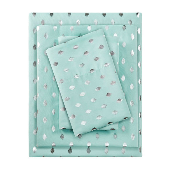 3pc Aqua Blue & Silver Metallic Dot Printed Sheet Set - TWIN (086569221315)