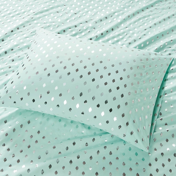 4pc Aqua Blue & Silver Metallic Dot Printed Sheet Set - FULL (086569221339)