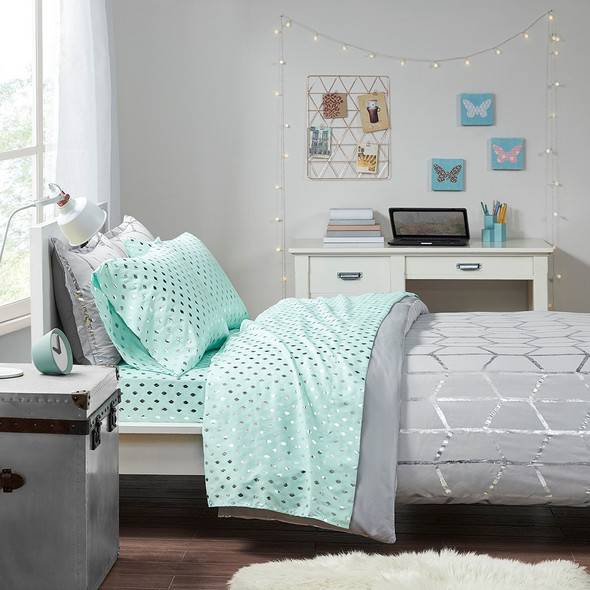 3pc TWIN XL Aqua Blue & Silver Metallic Dot Printed Sheet Set (086569221322) 3pc TWIN XL Aqua Blue & Silver Metallic Dot Printed Sheet Set (086569221322)