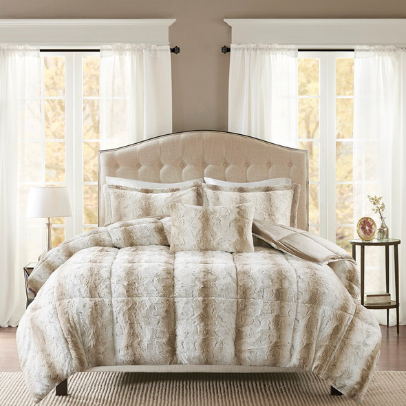 4pc Reversible Sandy Brown Faux Fur Comforter Set AND Decorative Pillow (Zuri-Sand)