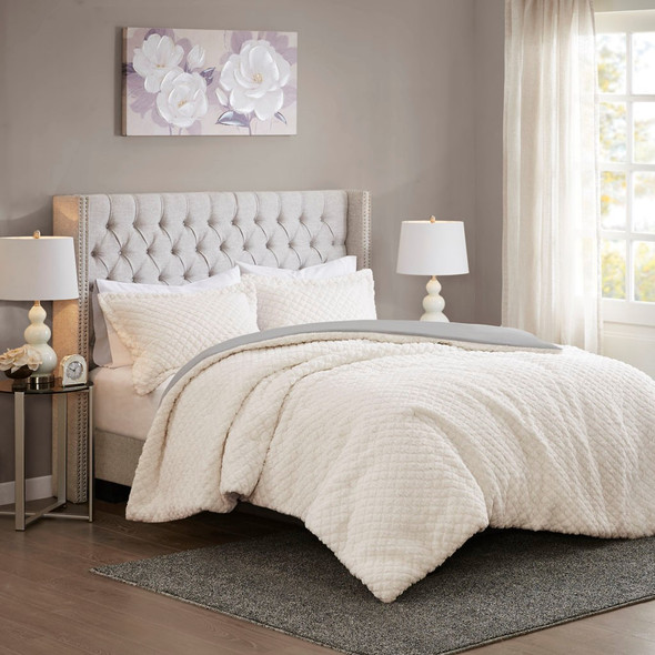 Ivory & Grey Reversible Sherpa to Faux Fur Comforter AND Decorative Shams (Adler-ivory/Grey-Comf)