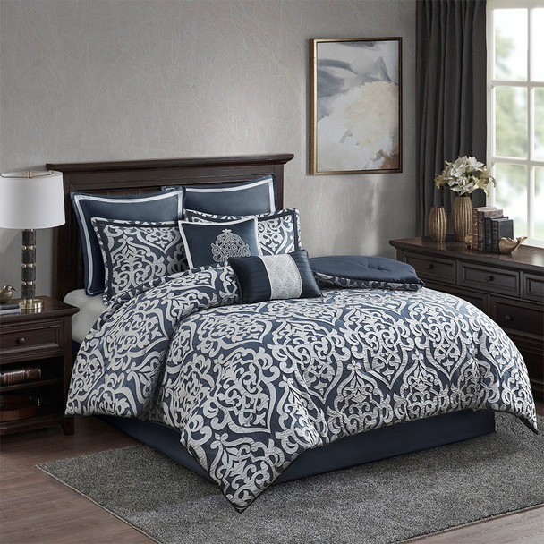 Navy Blue Textured Jacquard Comforter Set AND Decorative Pillows (Odette-Navy-comf)