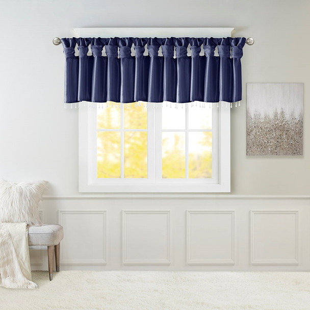 Navy Blue Faux Silk DIY Twisted Tab Top Window Valance w/Hanging Beads