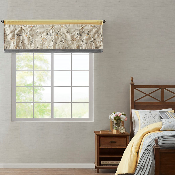 Yellow & Grey Embroidered Floral Window Valance - Rod Pocket