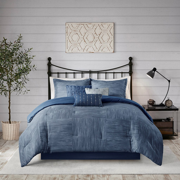 7pc Navy Blue Seersuckle Weave Design Comforter Set AND Decorative Pillows (Walter -Navy-Comf)