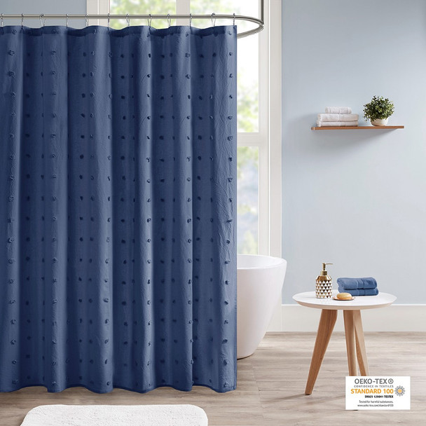 Indigo Blue Cotton Tufts Jacquard Pom Pom Fabric Shower Curtain - 70x72" (Brooklyn -Indigo Blue-Shower)