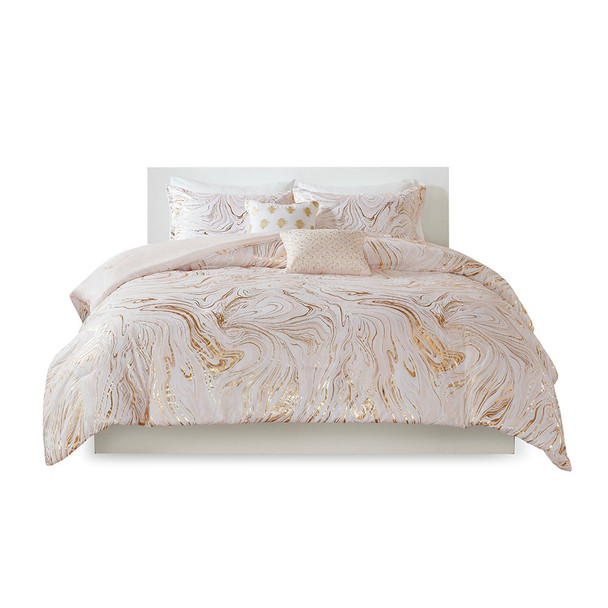 Blush Pink & Gold Metallic Swirls Comforter Set AND Decorative Pillows (Rebecca-Blush-Comf)