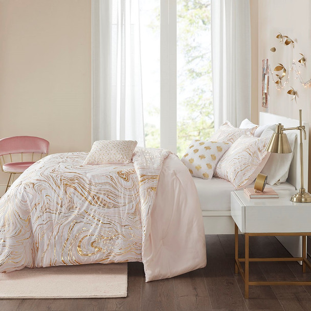 Blush Pink & Gold Metallic Swirls Comforter Set AND Decorative Pillows (Rebecca-Blush-Comf)
