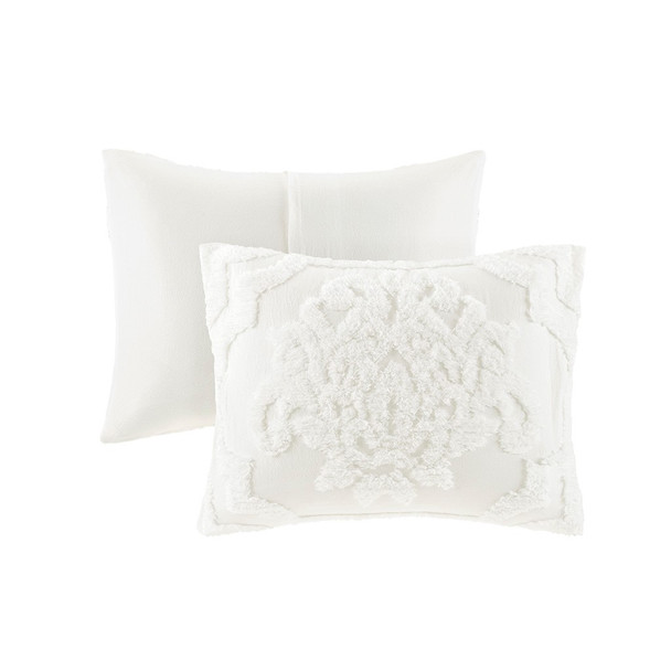 3pc White Tufted Cotton Chenille Damask Comforter AND Decorative Shams (Viola-White-comf)