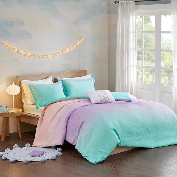 Pastels Metallic Glitter Reversible Duvet Cover Set AND Decorative Pillows (Glimmer Metallic -Aqua-Duv)