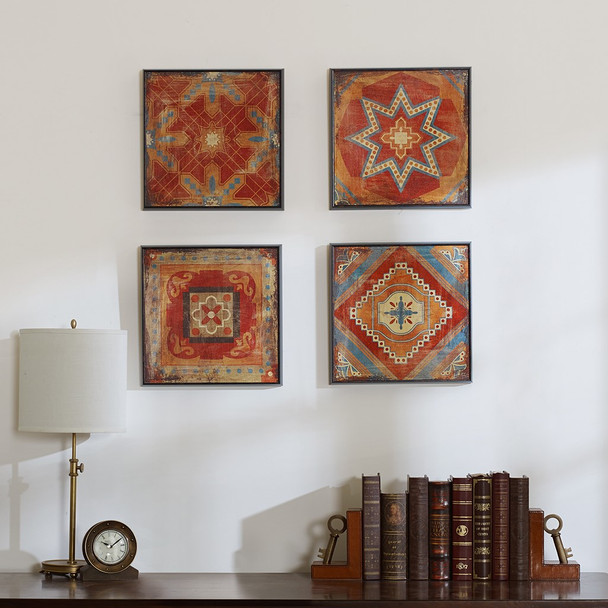 4pc Moroccan Red Tile Gel Coated Wall Art - 15x15" Each (Moroccan Red-Art)