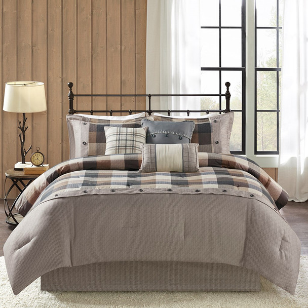 7pc Rustic Brown & Black Buffalo Plaid Comforter Set AND Decorative Pillows (Ridge-Natural)