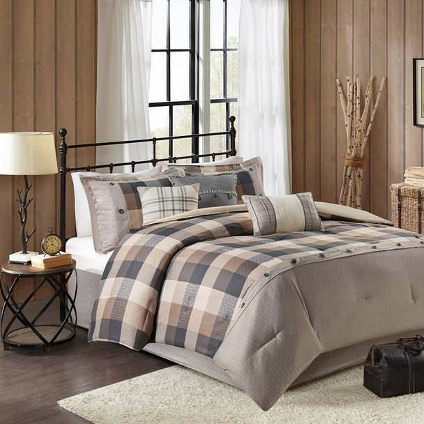 7pc Rustic Brown & Black Buffalo Plaid Comforter Set AND Decorative Pillows (Ridge-Natural)