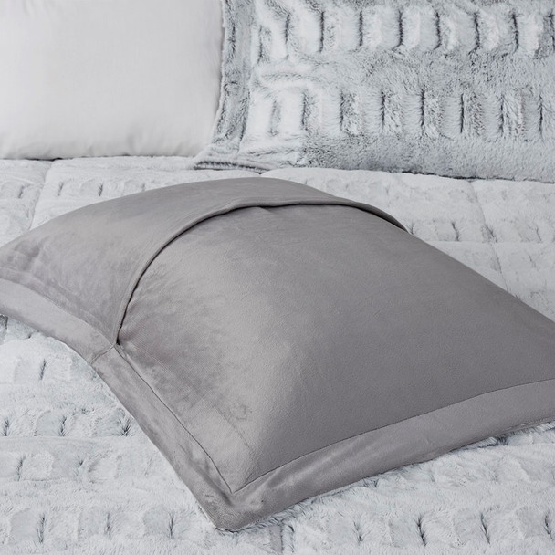 Grey Long Faux Fur Reversible Comforter Set AND Decorative Shams (Gia Back -Grey-Comf)