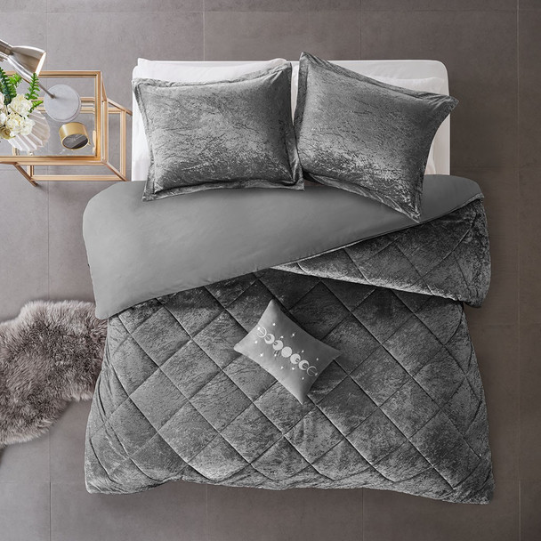 Grey Lush Velvet Duvet Cover Set AND Decorative Pillow (Felicia -Grey-Duv)