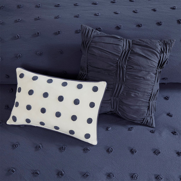 7pc Indigo Blue Cotton Tufts Duvet Cover Set AND Decorative Pillows (Brooklyn-Indigo Blue-duv)