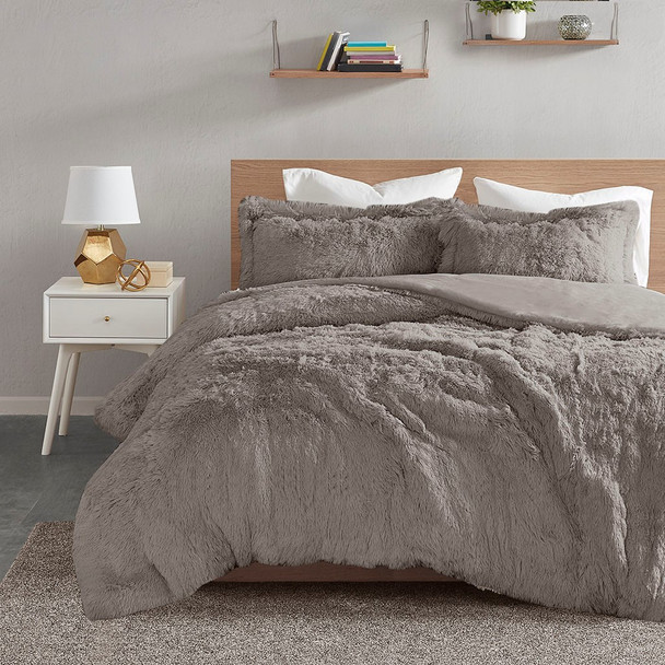 Grey Shaggy Faux Fur Duvet Cover AND Decorative Shams (Malea -Grey-Duv)