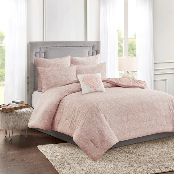 6pc Blush Pink Embroidered Cotton Reversible Comforter Set AND Decorative Pillow (Malia-Blush)