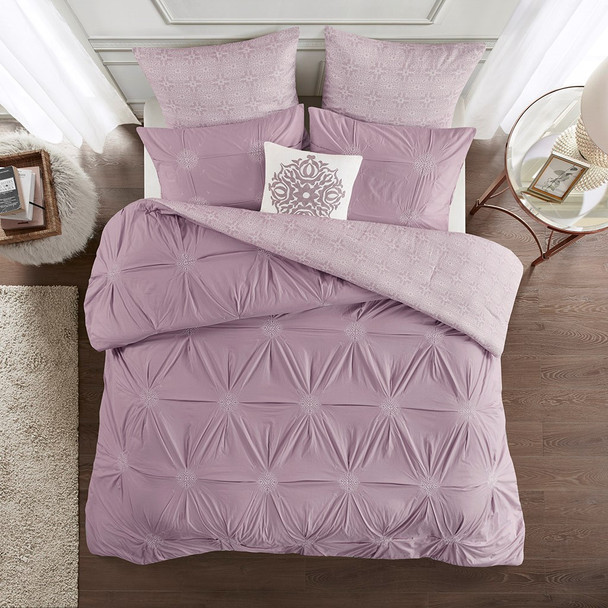 6pc Lavender Purple Embroidered Cotton Reversible Comforter Set AND Decorative Pillow (Malia-Lavender)