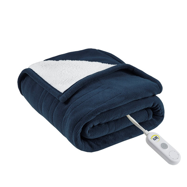 Navy Blue & White Reversible Ultra Soft Fleece to Sherpa Heated Throw - 50x60" (Fleece to Sherpa-Blue-Throw)