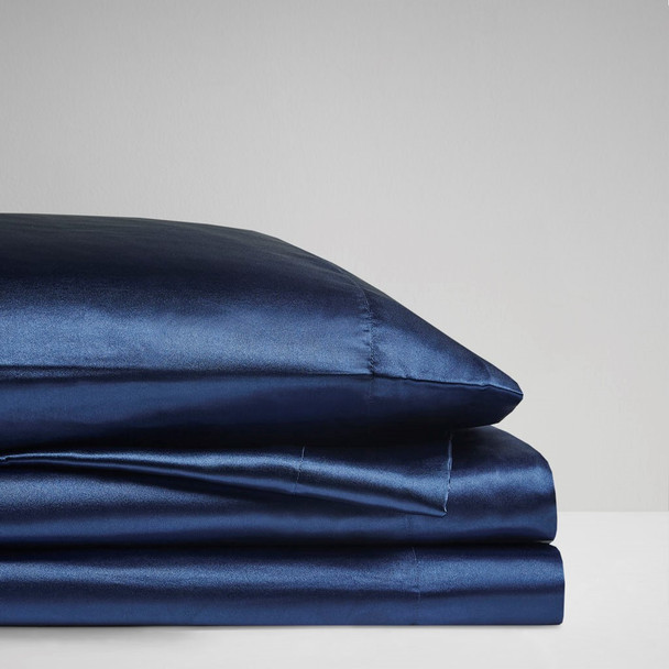 6pc Navy Satin Wrinkle-Free Luxurious Sheet Set - KING (086569400710)