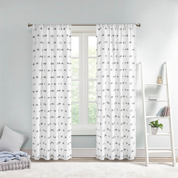 White w/Grey Pom Poms Embellished Window Curtain Panel (Sophie-Grey-Panel)