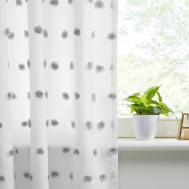 White w/Grey Pom Poms Embellished Window Curtain Panel (Sophie-Grey-Panel)