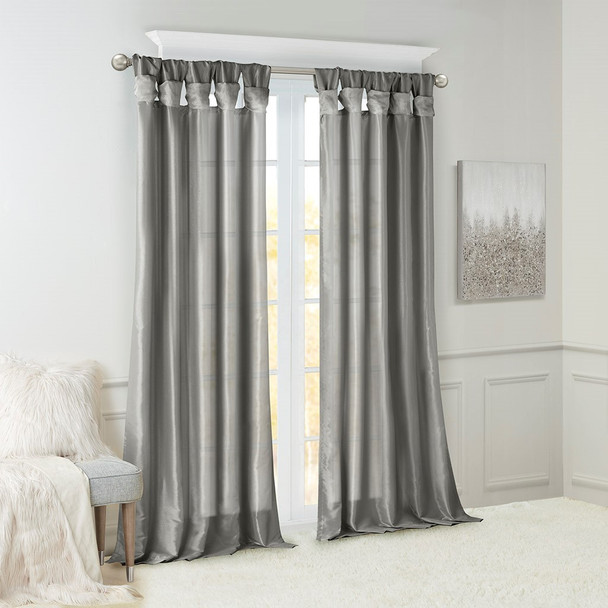 Charcoal Grey Faux Silk DIY Twisted Tab Top Window Curtain Panel (Emilia-Charcoal-Curtain)