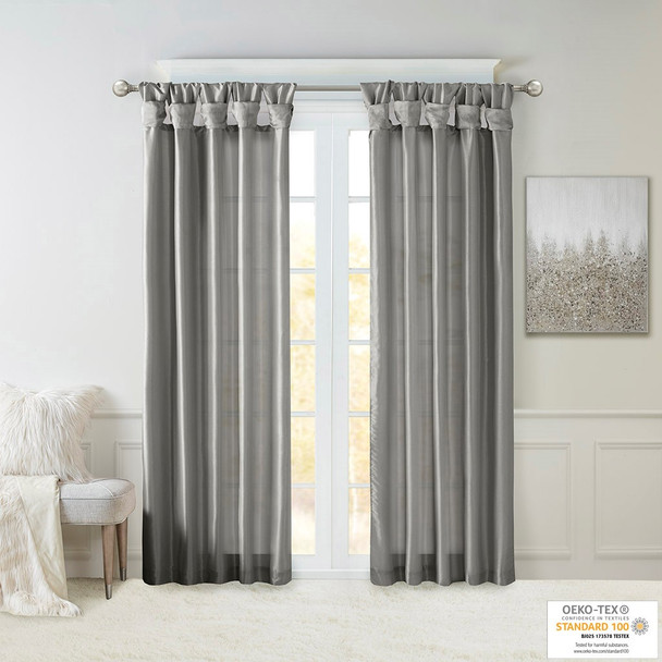 Charcoal Grey Faux Silk DIY Twisted Tab Top Window Curtain Panel (Emilia-Charcoal-Curtain)