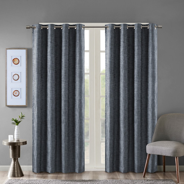 Navy Blue Printed Heathered Blackout Curtain Panel w/Grommet Top (Maya-Navy-Panel)