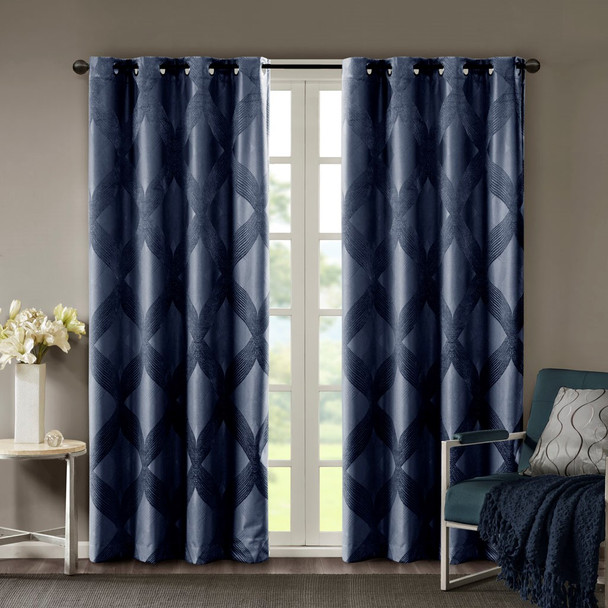 Navy Blue Ogee Design Knitted Jacquard Total Blackout Panel (Bentley Ogee-Navy-window)